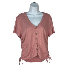 No Boundaries Womens XL Ribbed V-Neck Button Down Short Sleeve Drawstring Detail